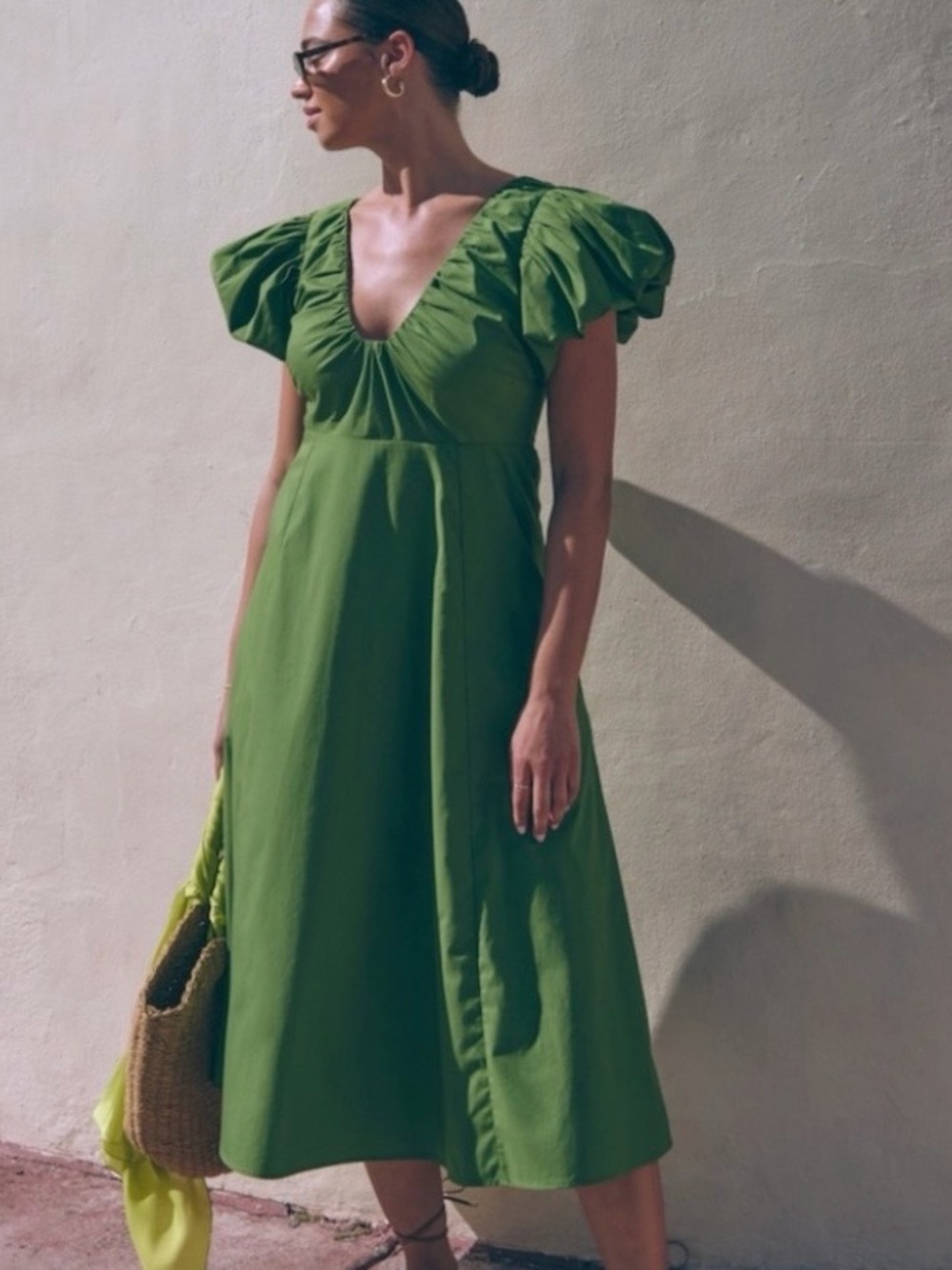 Abercrombie & Fitch Green Puff Sleeve Midi Dress